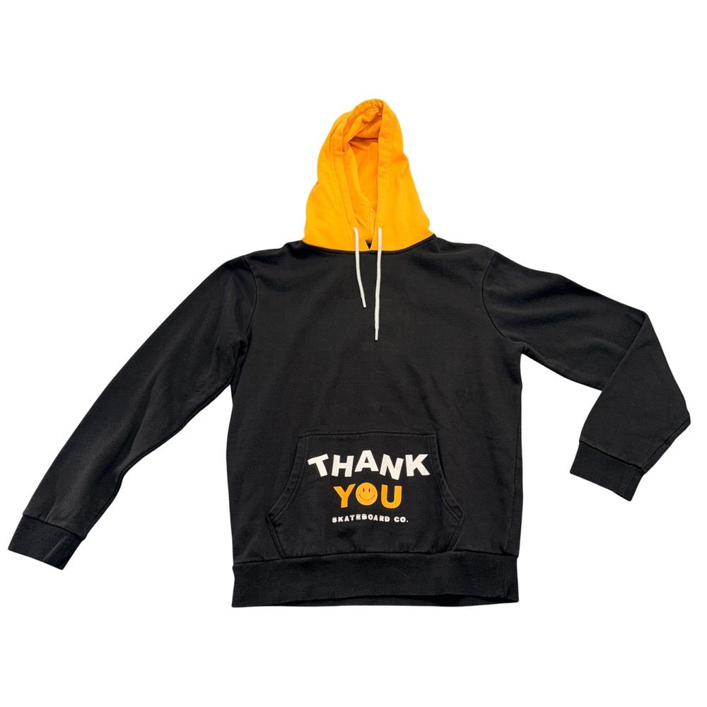 Cotton On Thank You Skateboard Co Hoodie Mens Medium Black Yellow Graphic Smiley